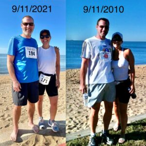 Todd Armstrong and Melissa Obrien at Madison Triathlon side by side 2021 vs 2010