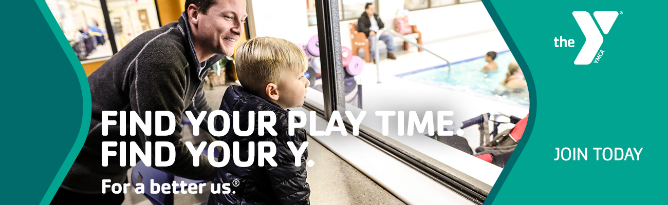 Find your playtime. Find your Y. Dad and baby looking at the pool.