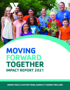 2021 Annual Report Cover Moving Forward Together with a group of people in garden